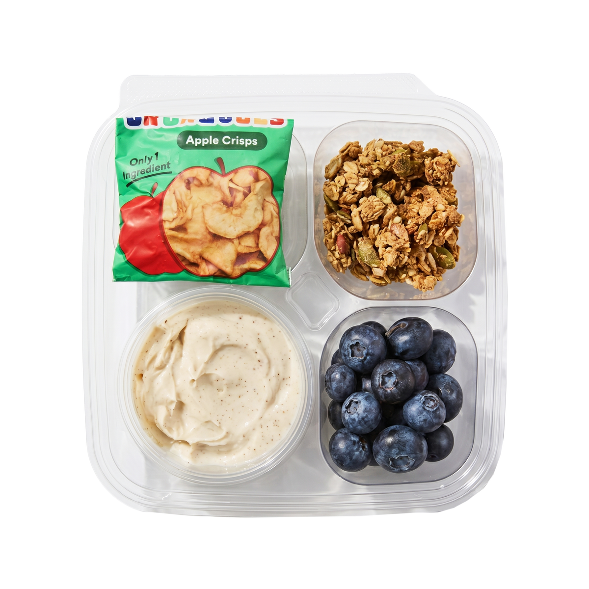 Grab-and-go breakfast parfait  with plant based yogurt, blueberries, gluten-free cinnamon granola and dried apples, made nut-free and top-9-allergen-free