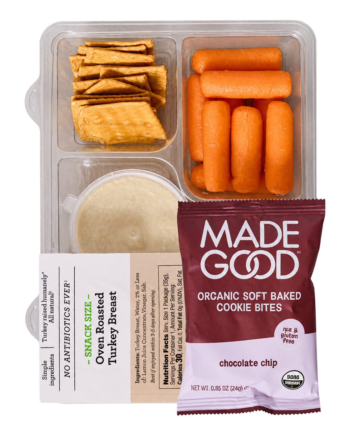 Grab-and-go Snack or lunch bento box kit - like a healthy lunchable - with pretzels, carrots, hummus dip, turkey slices and cookies, made gluten-free, nut-free and top-9-allergen-free
