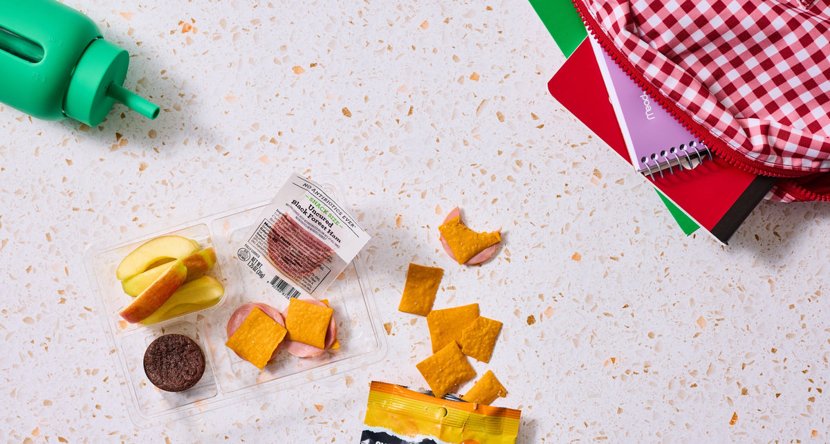 Allergy-friendly kids' school lunch kit - like a healthy lunchable - with ham, cheese, apple slices, and crackers, made gluten-free, nut-free and top-9-allergen-free