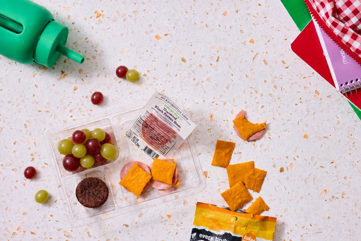 Kids' school lunch kit - like a healthy lunchable - with ham, cheese, apple slices, and crackers, made gluten-free, nut-free and top-9-allergen-free
