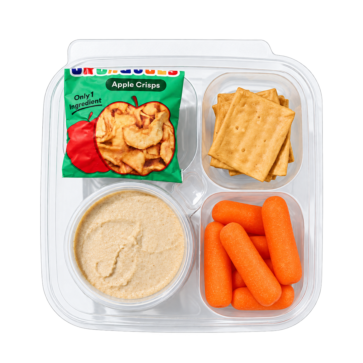Grab-and-go snack box  - pretzels, hummus, carrots and dried apples, made gluten-free, nut-free and top-9-allergen-free